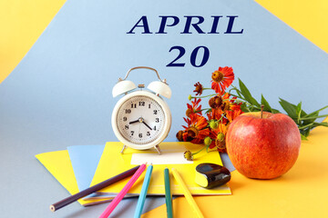 Calendar for April 20: the name of the month April in Russian, the number 20, school supplies, a...