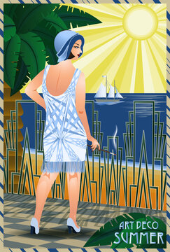 Summer Flapper woman in beach, art deco card,vector illustration