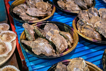 Fresh oysters for sale in containers at an Asian wet market and supermarket. 