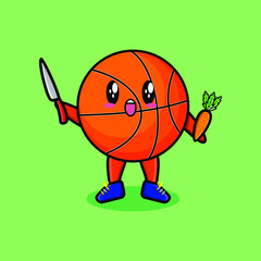 Cute cartoon basketball character holding knife and carrot in modern style design