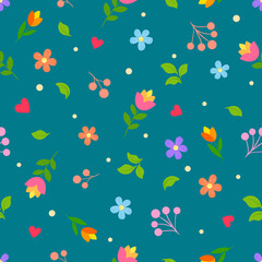 Colorful flowers, green leaves, berries and  red hearts on a calm blue background. Spring doodle simple pattern. Suitable for wrapping paper, textile.