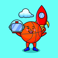 Cute mascot cartoon character Basketball as astronaut with rocket, helm, and cloud