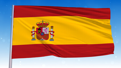 Waving National Flag Of Spain In The Wind With Pole On Cloudy Fog Glitter Dust Flying Blue Sky 3D Rendering