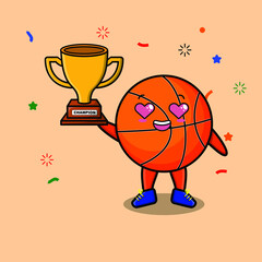 Cute Cartoon character illustration of basketball is holding up the golden trophy 