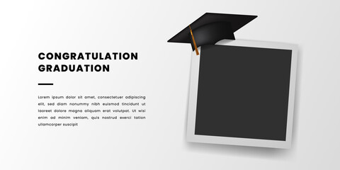 Happy congratulation graduation with graduation cap and photo frame banner for university collage