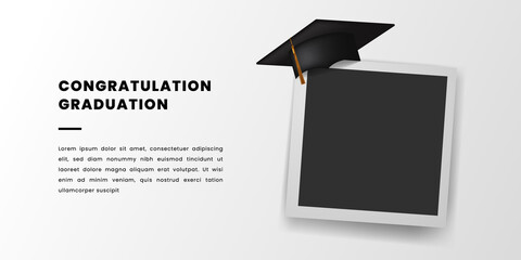 Happy congratulation graduation with graduation cap and photo frame banner for university collage © andinur