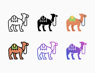 Camel icon set with different styles. Style line, outline, flat, glyph, color, gradient. Editable stroke and pixel perfect. Can be used for digital product, presentation, print design and more.