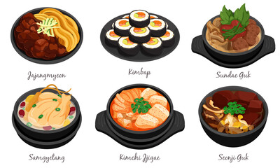 Korean food set menu isolated on white background illustration vector. (Kimbap, Jajangmyeon, Sundae Guk, Samgyetang, Kimchi Jjigae and Seonji Guk)