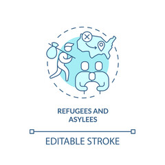 Refugees and asylees turquoise concept icon. Seekers of safety. Migration passways abstract idea thin line illustration. Isolated outline drawing. Editable stroke. Arial, Myriad Pro-Bold fonts used