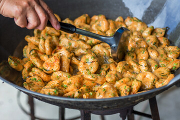 Fried spicy fish pancake, recommend Thai local food for traveler and tourist. Deep fried fish paste or deep fried fish cakes 