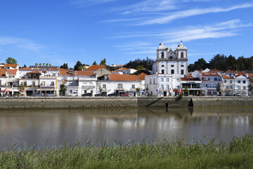 Fototapeta na wymiar City center, Santiago church and promenade along the Sado river, Alcacer do Sal, Lisbon coast, Portugal