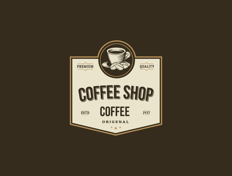 Coffee logo cup retro  vintage vector illustration on dark background.