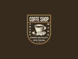 Coffee logo cup retro  vintage vector illustration on dark background.