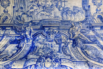 Blue tiled ceramics in Saint Philip castle Chapel, Setubal, Lisbon Coast, Portugal
