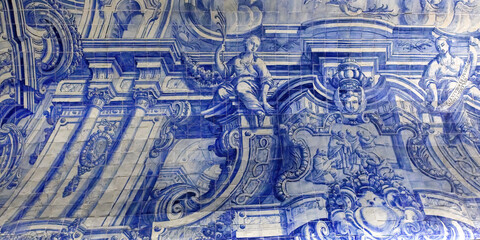Blue tiled ceramics in Saint Philip castle Chapel, Setubal, Lisbon Coast, Portugal