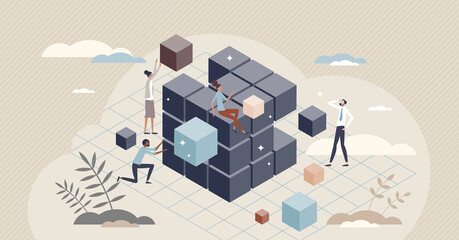 OLAP or online analytical multidimensional processing tiny person concept. Business data effective system analysis with database complex approach vector illustration. Company reporting tool management