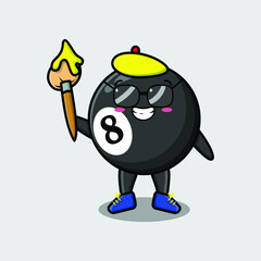 Cute cartoon character Billiard ball painter with hat and a brush to draw in cute design style design