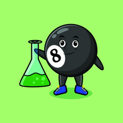 Cute cartoon mascot character billiard ball as scientist with chemical reaction glass