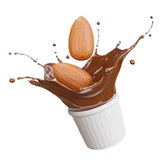 Foto op Plexiglas 3d render of Chocolate splashing with almond on white Background. © KWstudio