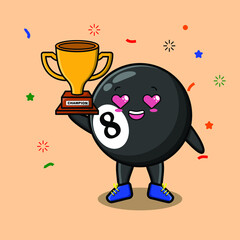 Cute Cartoon character illustration of billiard ball is holding up the golden trophy with happy gesture