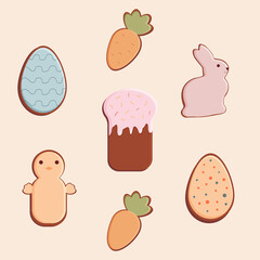 easter cookies, set of decorated easter cookies, set of eggs and chicken