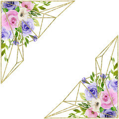 Gold Foliage and Flowers Corner, Roses and Gold Foliage Polygonal Frame, Hand Painted Watercolor Floral Geometric Border, Purple and Pink Blooming Flowers, Copy space Frame