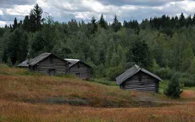 wooden bathhouses and sheds by the river against the backdrop of the northern forest