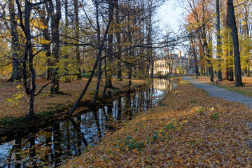 Fototapeta na wymiar Historyczny park pałacowy jesienią z widocznymi budynkami mieszkalnymi i gospodarczymi.