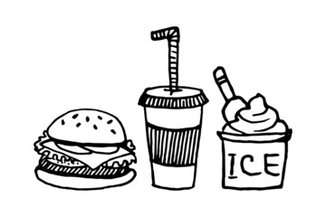 Doodle illustration of burger, drink and ice cream