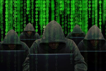 Hackers are sitting at laptops and computers on an abstract background, attacking and hacking...
