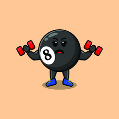Cute cartoon billiard ball character is fitness with barbell in modern style design