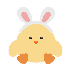 Cute little chick with bunny ears.  Happy Easter. Funny baby chicken.  Easter chicken.