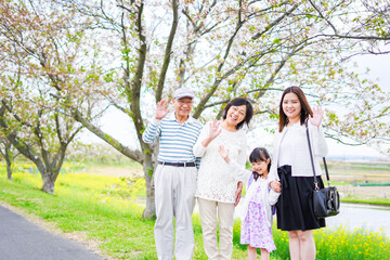 Fototapeta premium ランドセルを背負った女の子と家族