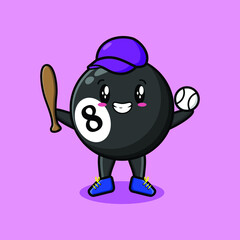 Cute cartoon billiard ball character playing baseball in modern style design 