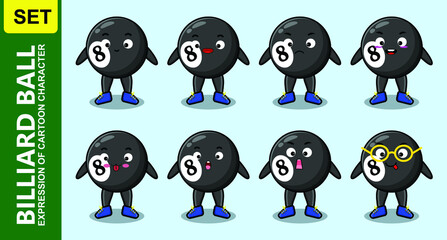 Set kawaii billiard ball cartoon character with different expressions of cartoon face vector illustrations