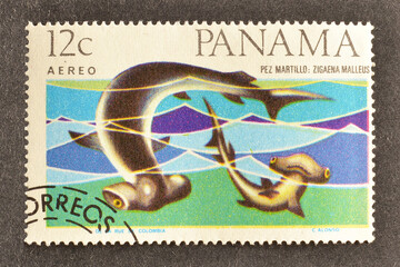 Cancelled postage stamp printed by Panama, that shows Smooth Hammerhead Shark (Sphyrna zygaena),...