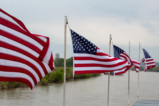 United States flags with depth of field.