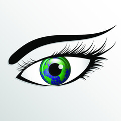 woman eye with world globe / vector illustration