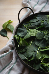 Fresh spinach leaves in metal bowl on white wooden table, top view, close up