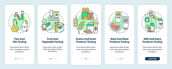 Obraz premium Food manufacturers onboarding mobile app screen. Grains, meat testing walkthrough 5 steps graphic instructions pages with linear concepts. UI, UX, GUI template. Myriad Pro-Bold, Regular fonts used