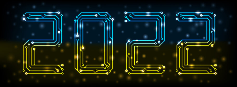 Blue yellow circuit printed board in the shape of 2022 Ukraine flag