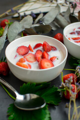 Sweet cold soup made of strawberries and organic vegan milk