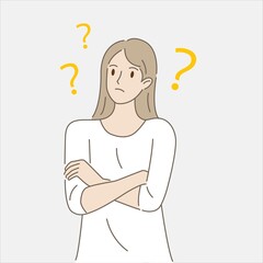 Young woman thinking or solving problem. Concept of innovative ideas, creative thought, creativity and imagination. Hand draw style. Vector illustration.