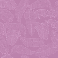 Seamless pattern of exotic, banana leaf elements in lavender color. Decorative image tropical foliage.