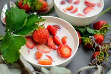 Sweet cold soup made of strawberries and organic vegan milk
