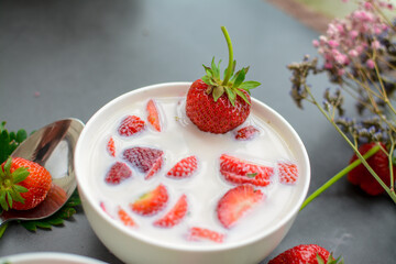 Sweet cold soup made of strawberries and organic vegan milk