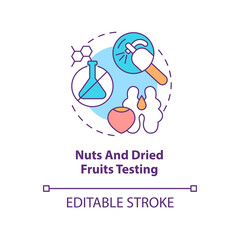 Nuts and dried fruits testing concept icon. Expertise in food market abstract idea thin line illustration. Oxidation test. Isolated outline drawing. Editable stroke. Arial, Myriad Pro-Bold fonts used