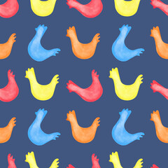 Watercolor seamless pattern of chickens. Spring Easter symbol. Rustic farm bird. Cute chicken. Hand drawn illustration on blue background.