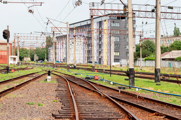 Railway tracks near high-rise buildings of the railway station