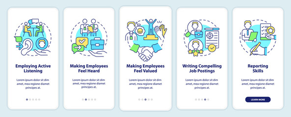 Obraz premium HR professional skills onboarding mobile app screen. Recruitment walkthrough 5 steps graphic instructions pages with linear concepts. UI, UX, GUI template. Myriad Pro-Bold, Regular fonts used